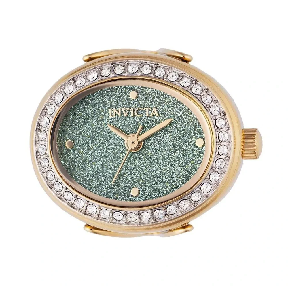 Invicta Angel 49602 Women Gold Tone Green Glitter Dial Crystal Oval Ring Watch